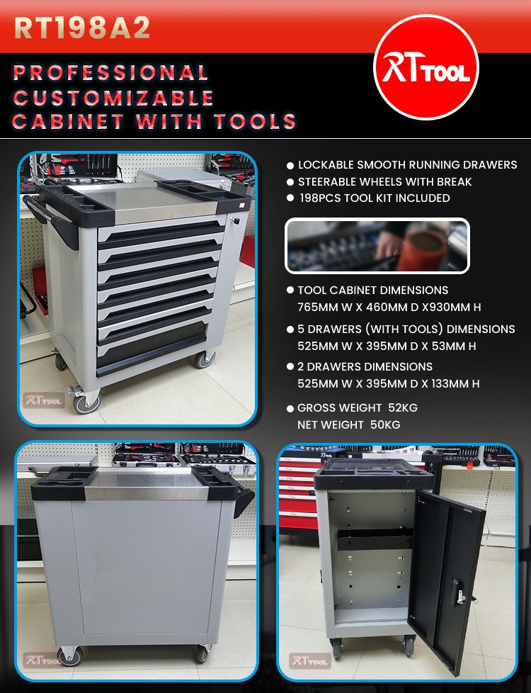 198PCS Workshop Roller Cabinet Garge Tool Kit Trolley Cabinet With Sets