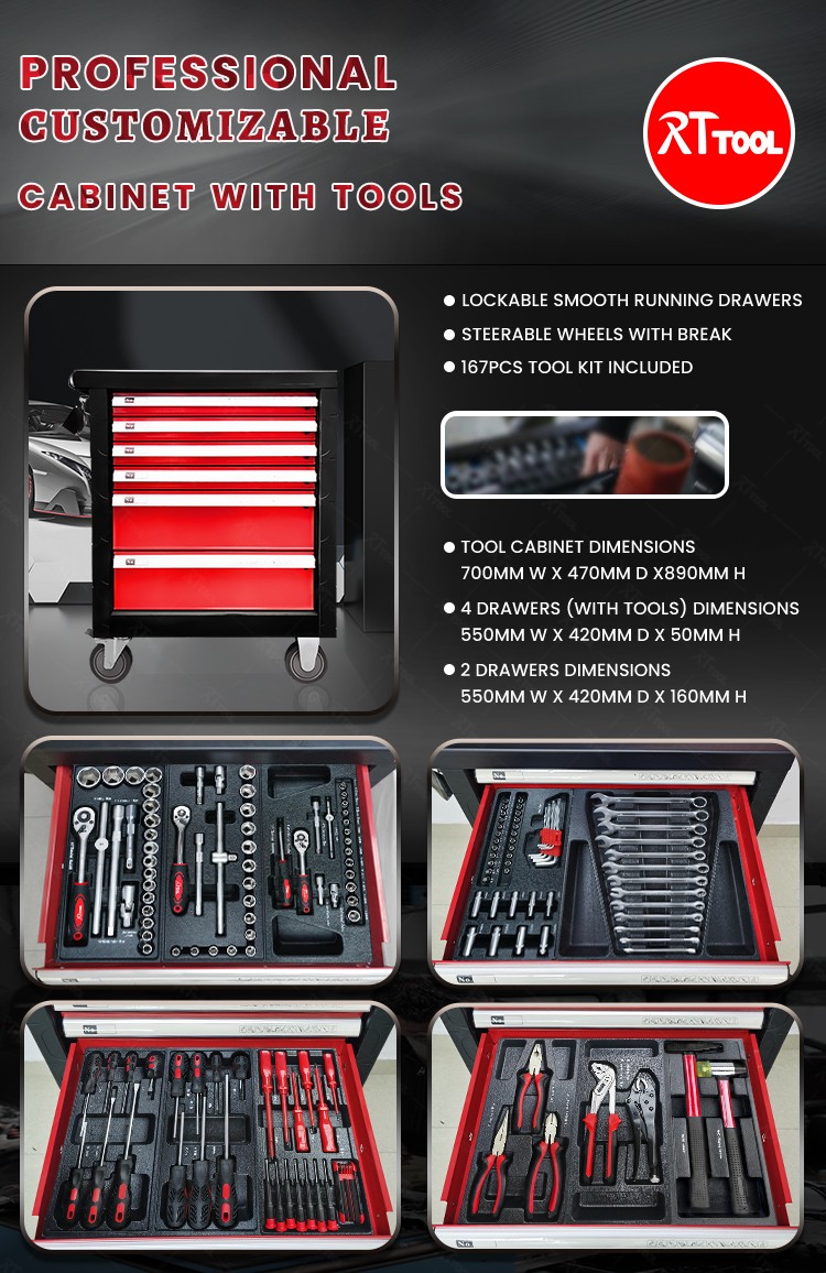 167PCS Hot Sale Professional Auto Repair Tool Cabinet Trolley Cabinet With Tools