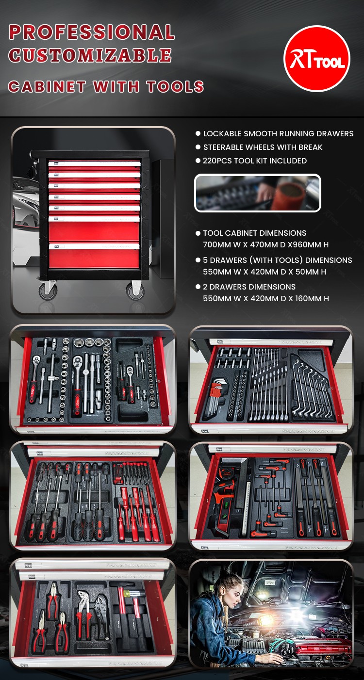 RTTOOL 220 PCS Hot Sale Professional Auto Repair Tool Cabinet Trolley Cabinet With Tools