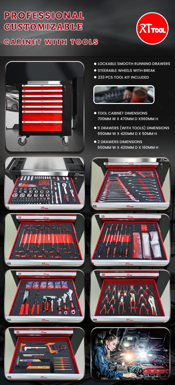 RT TOOL 233A Workshop Trolley Cabinet Metal Tool Cabin Garage Storage