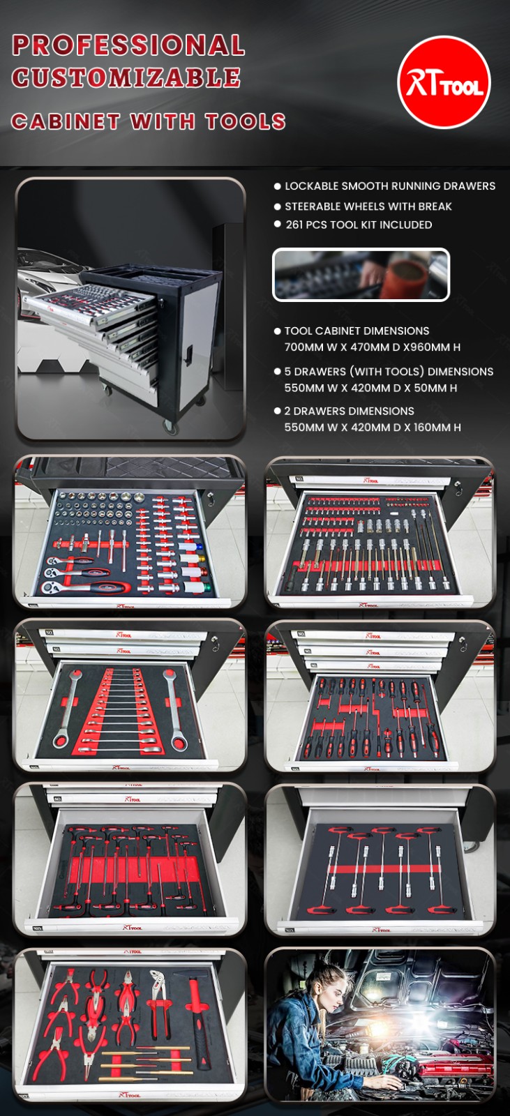 RTTOOL 261A Hot Sale Tool Cabinet Side Door Maintenance Trolley Tool Set For Sale