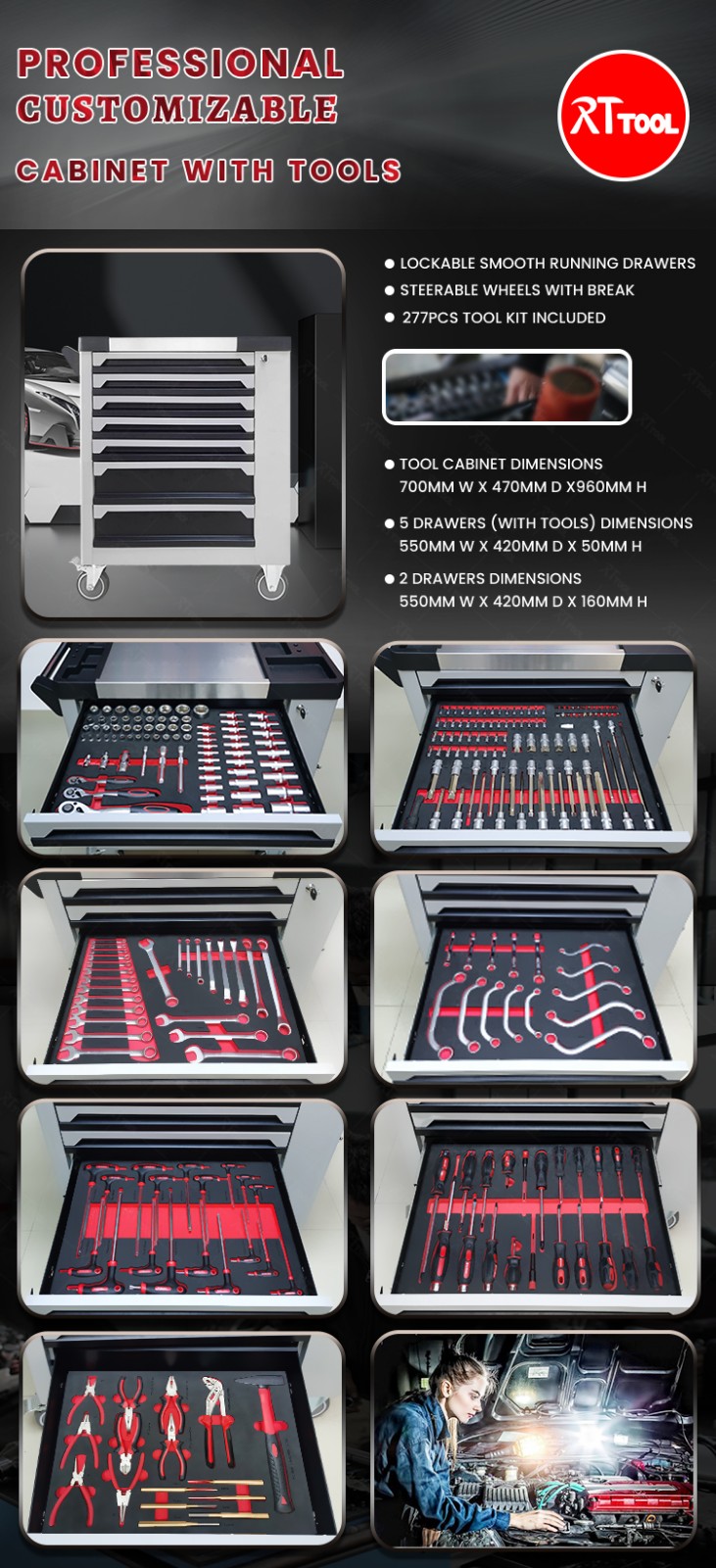 RT TOOL 277A Steel Tool Cart Heavy Duty Tool Cabinet Stainless Steel Tool Cart