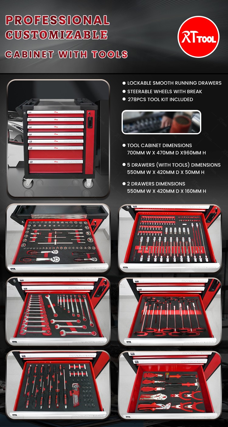 RT TOOL 278A Drawers High Rolling Metal Tool Cabinet Trolley Cart For Automobile Maintenance