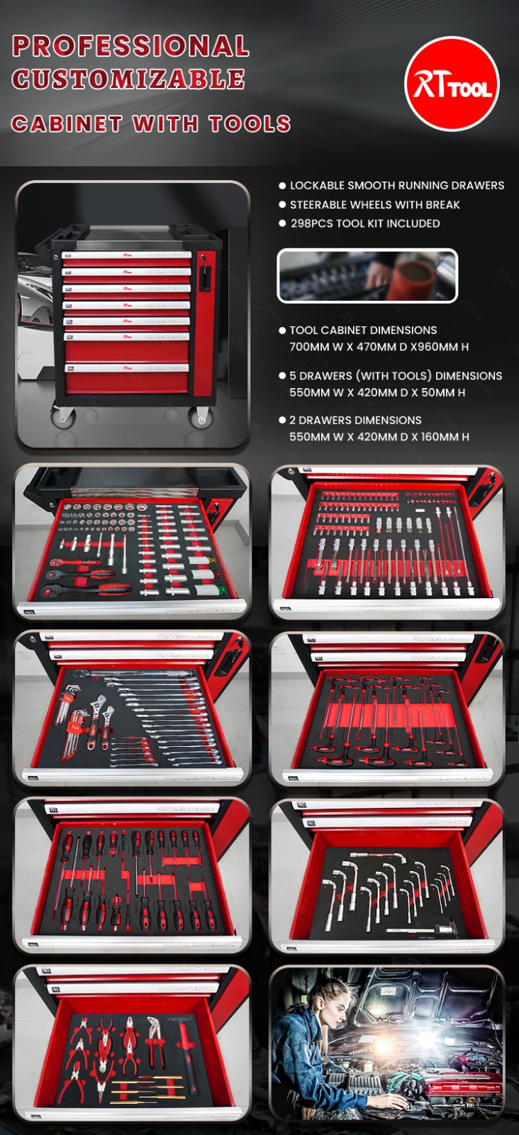 RT TOOL 298A Hot Storage Metal Trolley Cabinet With Hand Tools