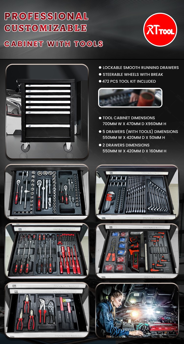 RT TOOL 472A Car Repair Hand Tools, Professional Trolley Cabinet With Tools