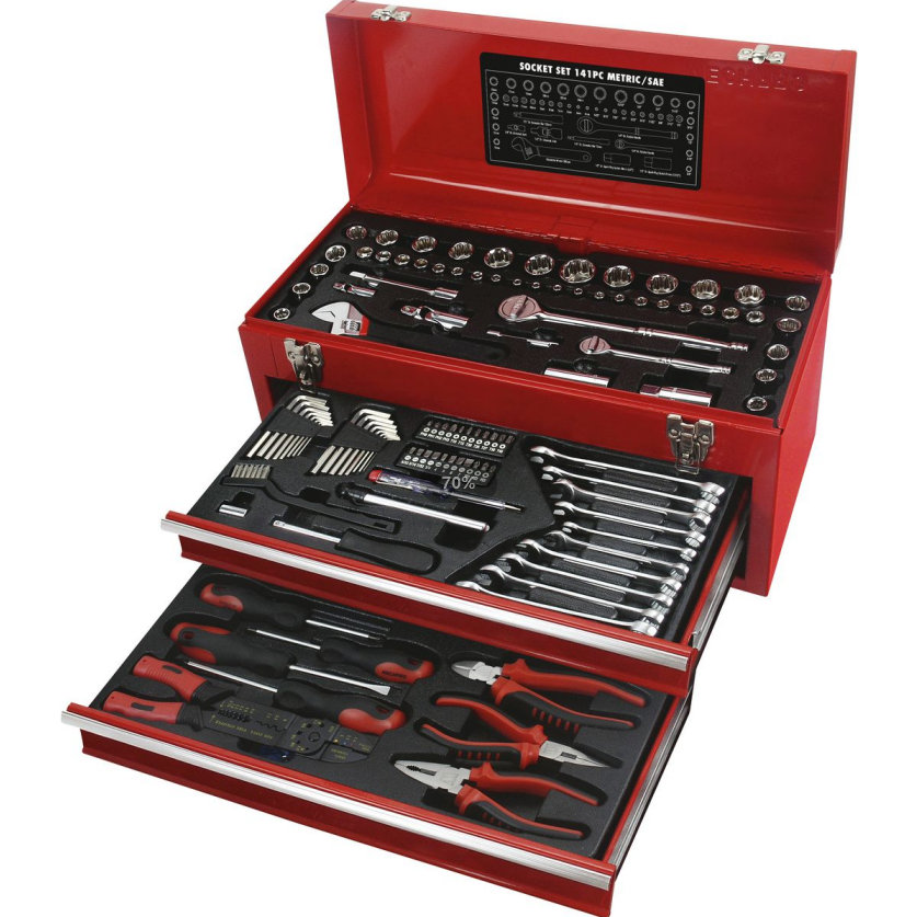 RTTOOL 141PCS New Master Craft Multiple Hand Tool Kit Combination Tool Kit in 3 Drawer Metal Case