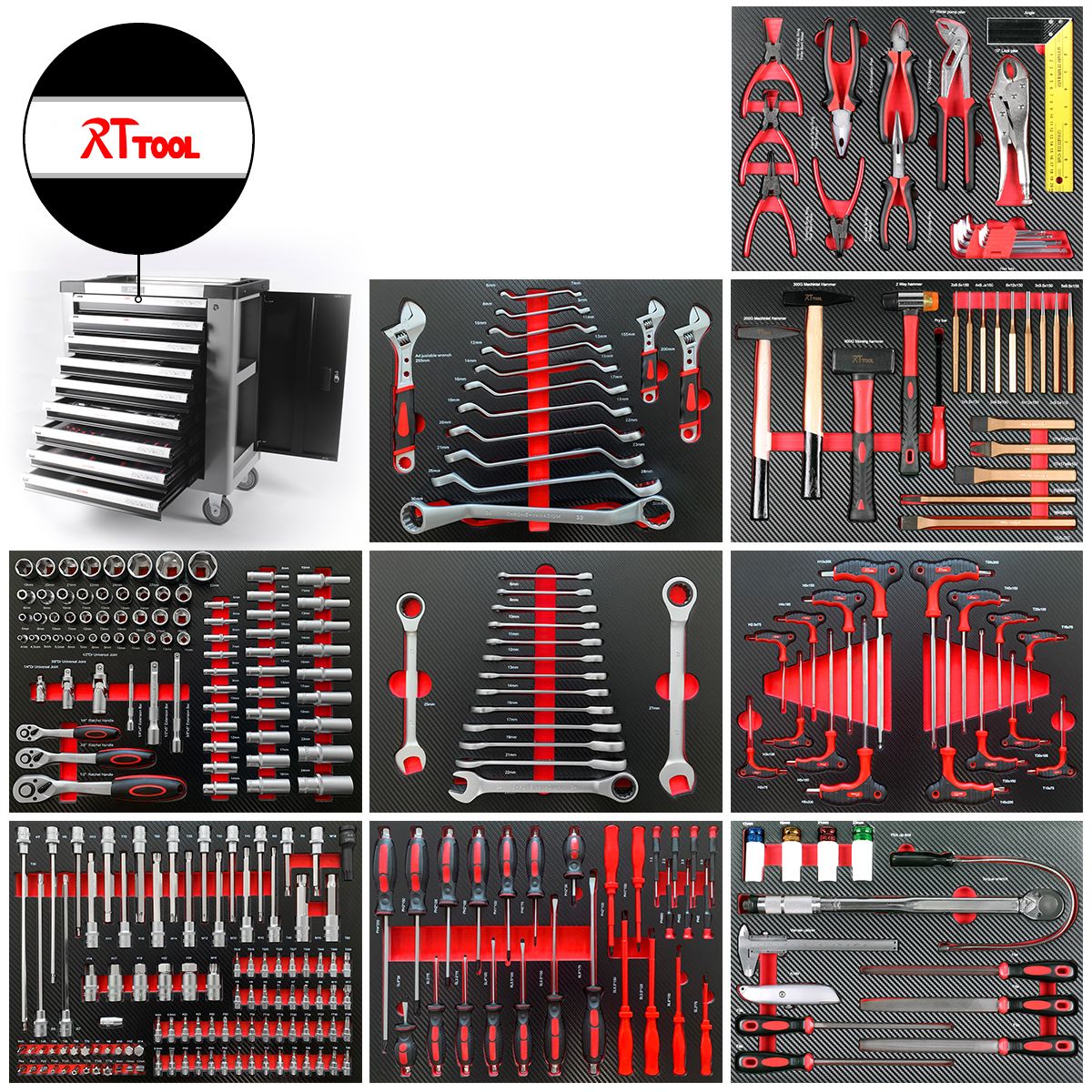 RTTOOL 9 Drawer Tool Trolley CRV 305 pcs Hand Tool Sets Tool Cabinet Stainless Steel Repair Rolling Steel Logo Color Customized