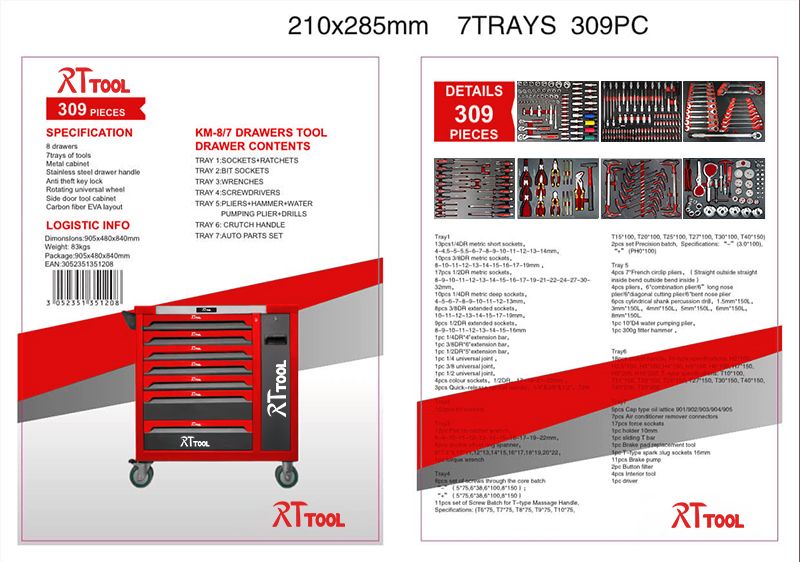 RT 309pcs tools sets 7 drawers rolling cabinet workshop storage cabinets tool box