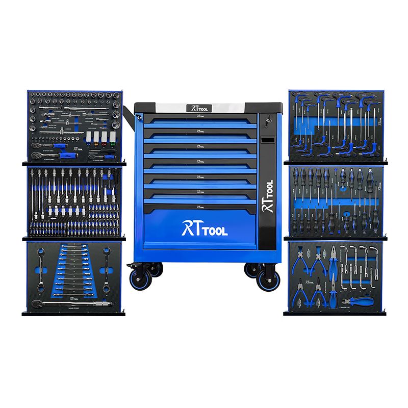 RTTOOL Customized Trolley with 7 Drawers Tool Cabinet with Hand Tool Set Cabinet with Stainless Steel