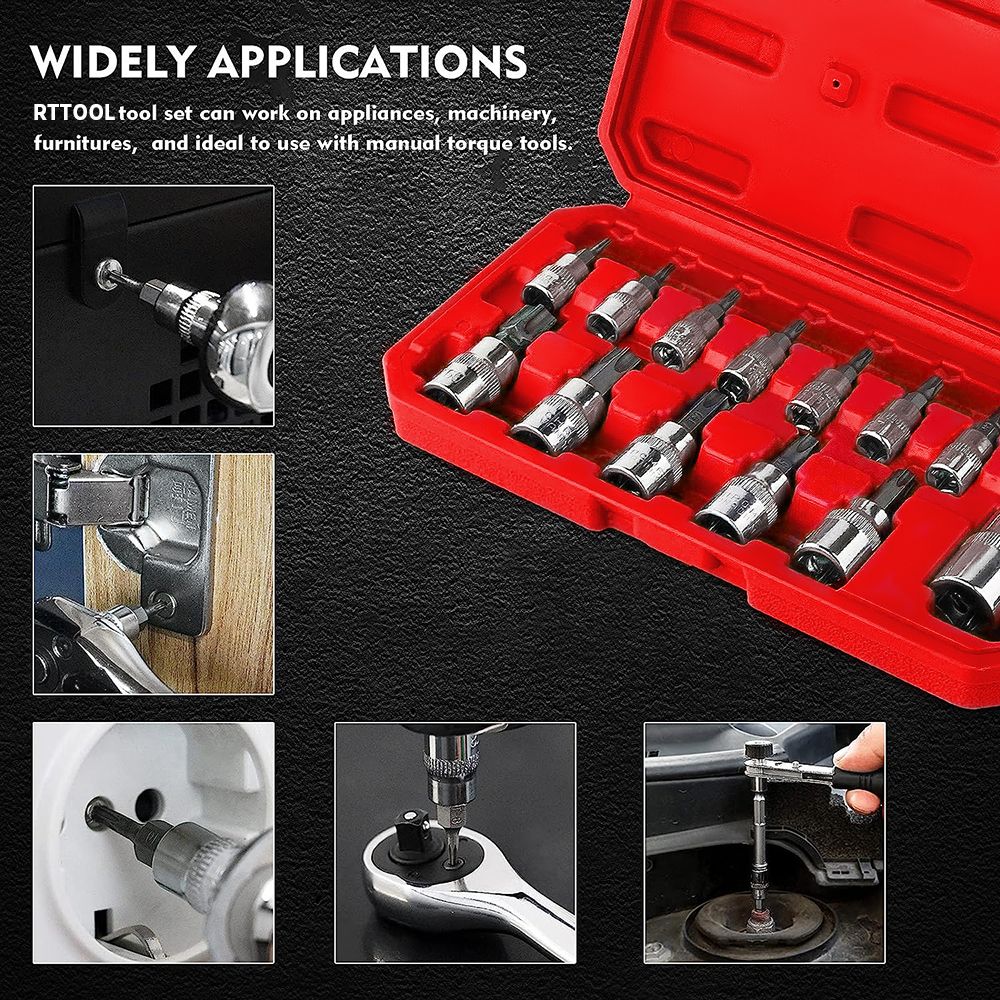 rt tool 13PC Socket Sets with Extension Bar Ratchet Handle Spinner Handle Bits Case Socket Set