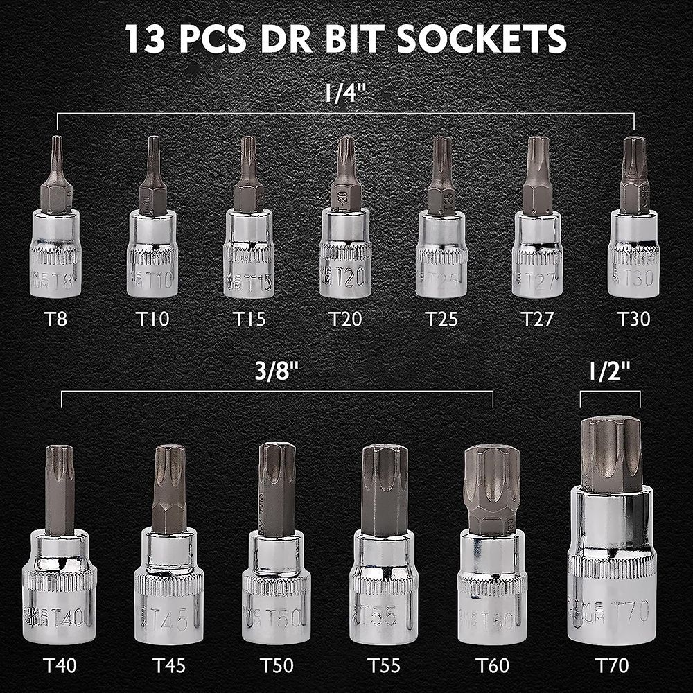 rt tool 13PC Socket Sets with Extension Bar Ratchet Handle Spinner Handle Bits Case Socket Set