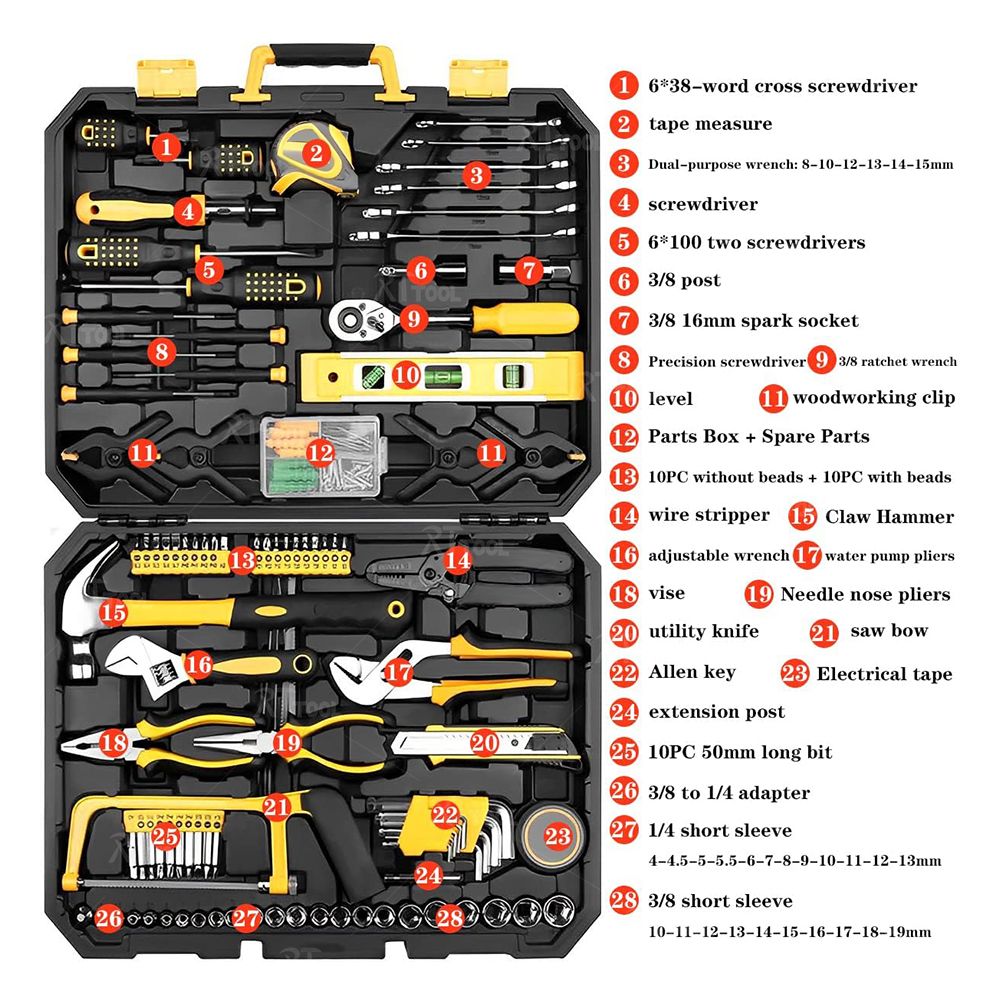 RTTOOL 98pcs Plastic Box Storage Home Use General Household Maintenance Hand Tool Kit DIY Hand Tools Set In Cases