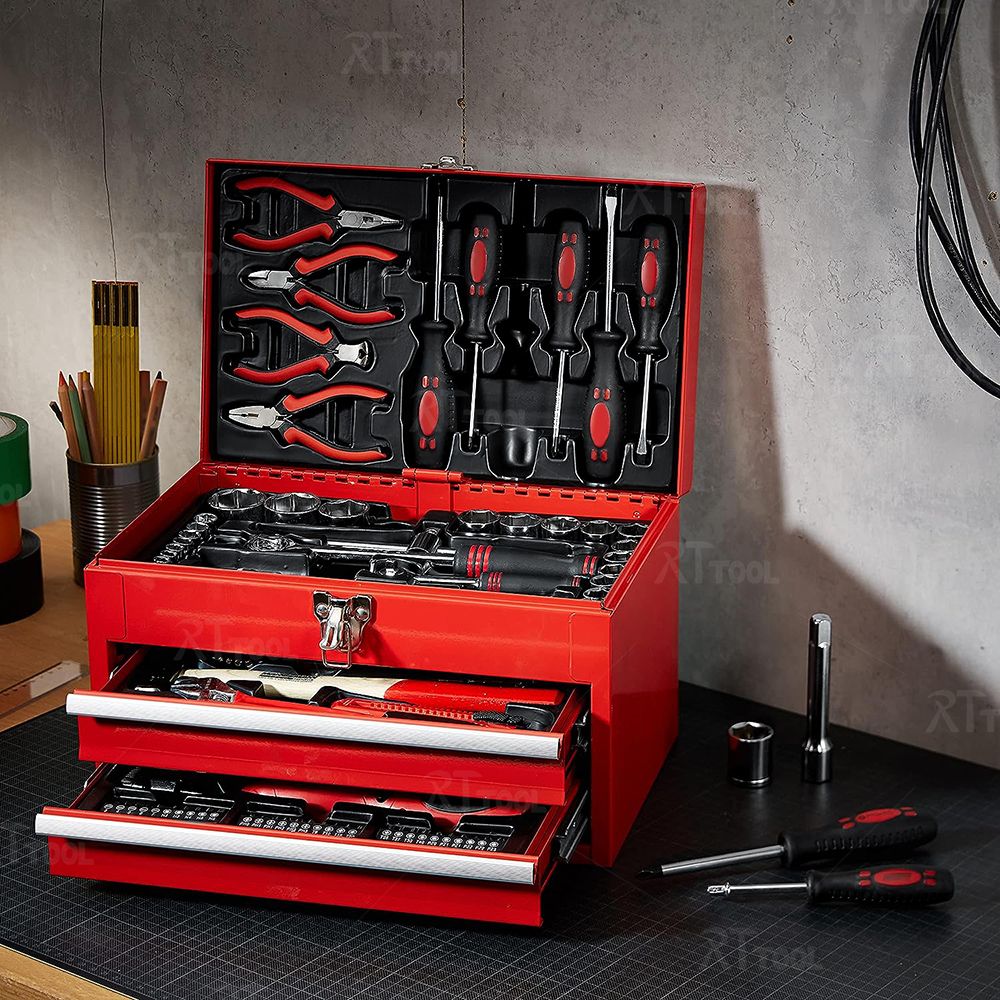 RT tool new custom design wholesale 154 pcs 2 Drawers Metal Case tools kit in iron box