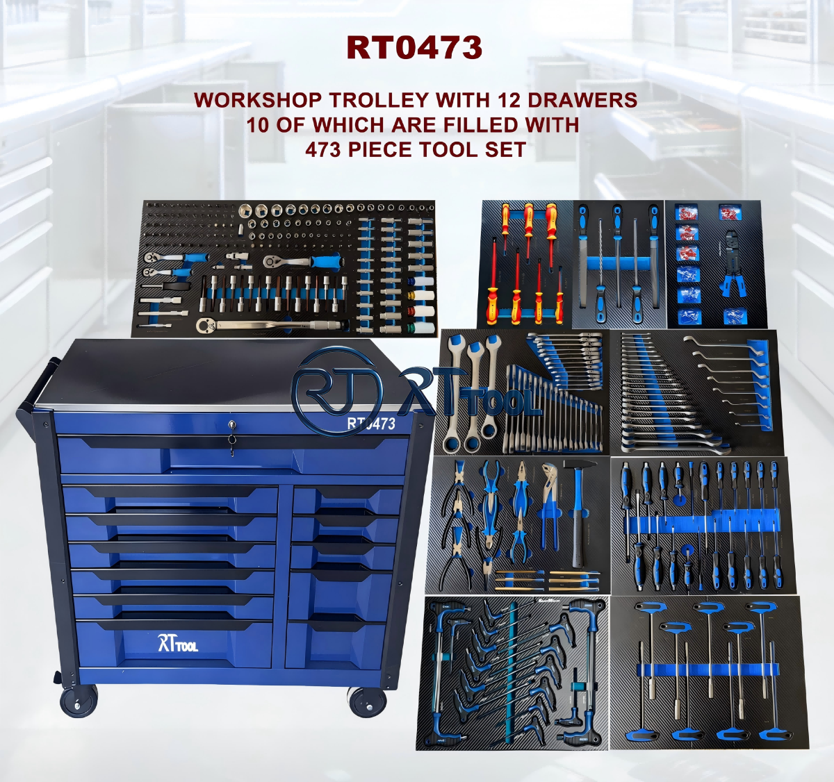 WORKSHOP TROLLEY WITH 12 DRAWERS  10 OF WHICH ARE FILLED WITH  473 PIECE TOOL SET
