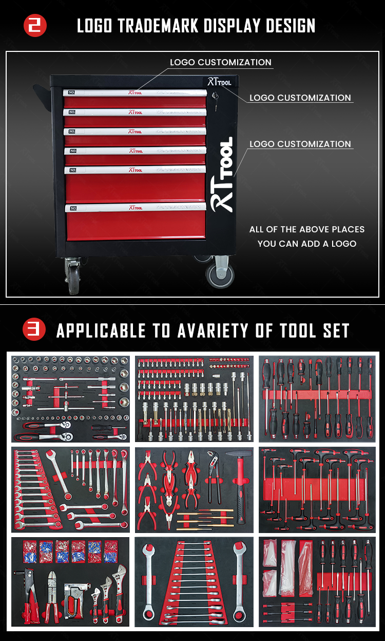 RTTOOL 9 Drawer Tool Trolley CRV 305 pcs Hand Tool Sets Tool Cabinet Stainless Steel Repair Rolling Steel Logo Color Customized