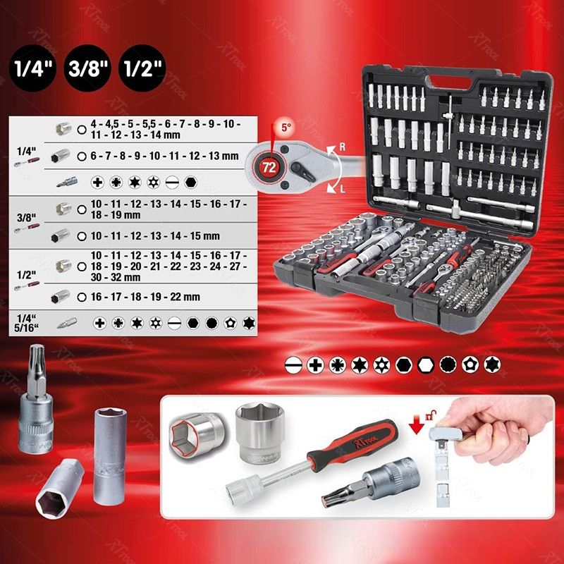 RTTOOL 195Pcs Box Case Combo Package wrench Socket Tool Sets