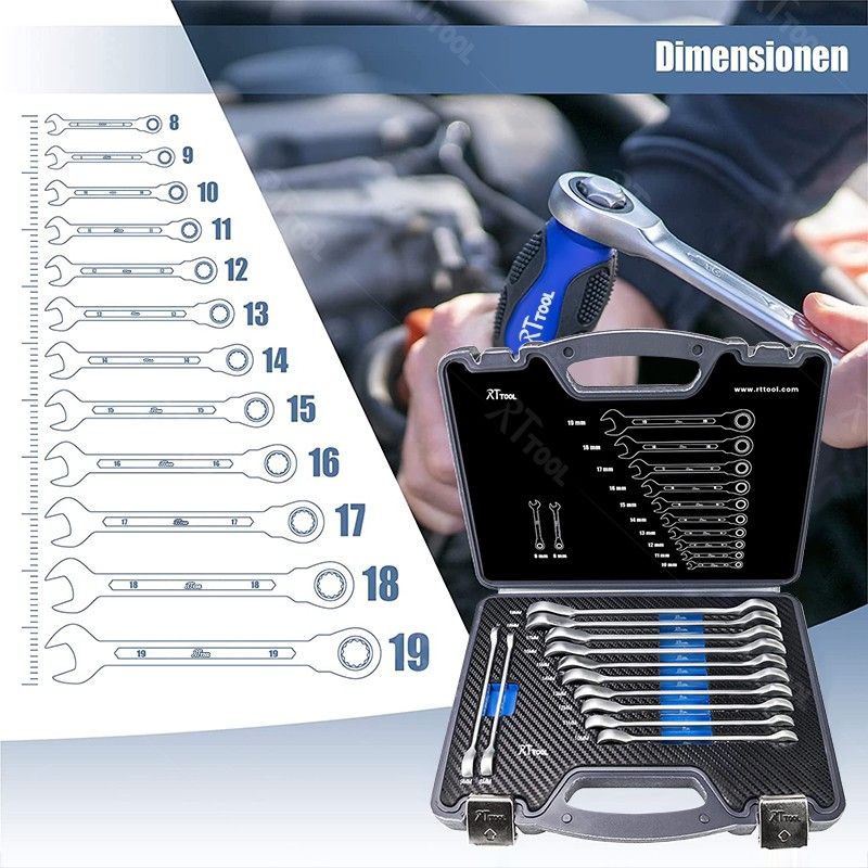 RTTOOL ratchet wrench set 8 to 19 mm tool kit 12 pieces