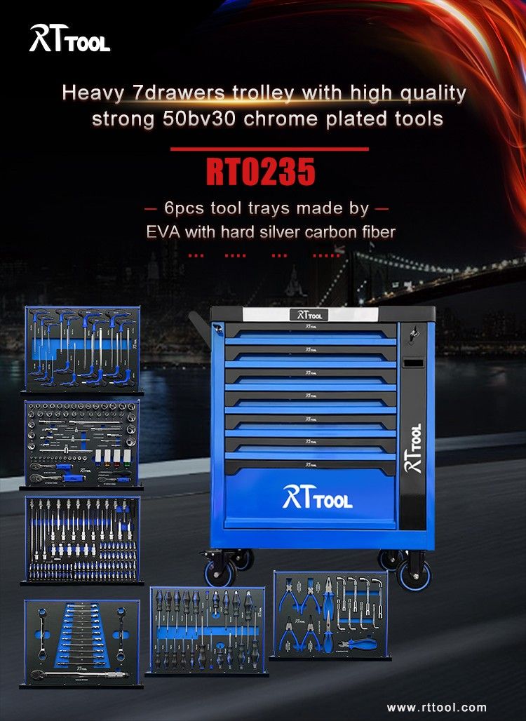 RTTOOL Customized Trolley with 7 Drawers Tool Cabinet with Hand Tool Set Cabinet with Stainless Steel