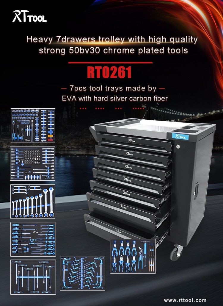 RTTOOL 261 Pcs Hand Tools Professional 7 Drawers Workshop Roller Tool Set Box Garage Tool Cabinet