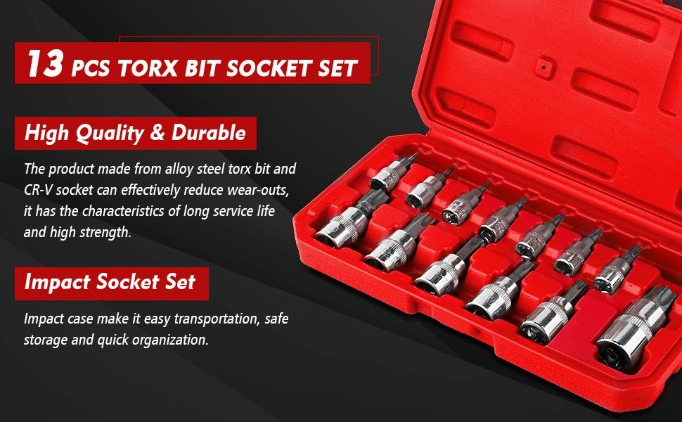 rt tool 13PC Socket Sets with Extension Bar Ratchet Handle Spinner Handle Bits Case Socket Set