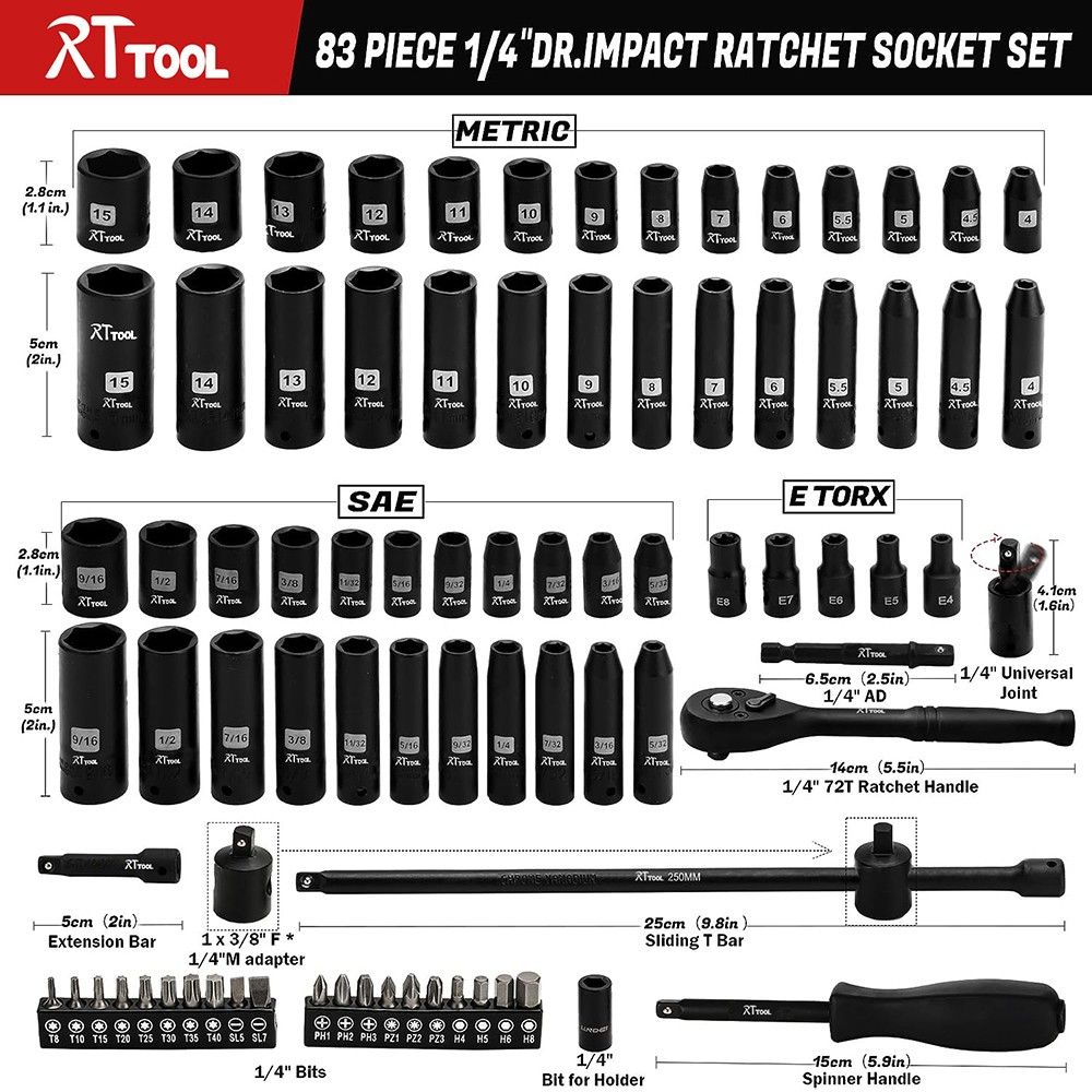 RTTOOL 82PCS Cr-V Impact Wrench Socket Set Tools