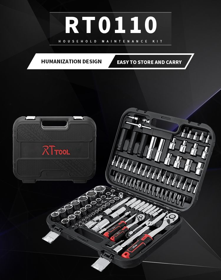 RT tool Full Combination Vehicle Hand Tool Sets 110PCS Car Repair tools Set Socket Wrench Set with Plastic Toolbox