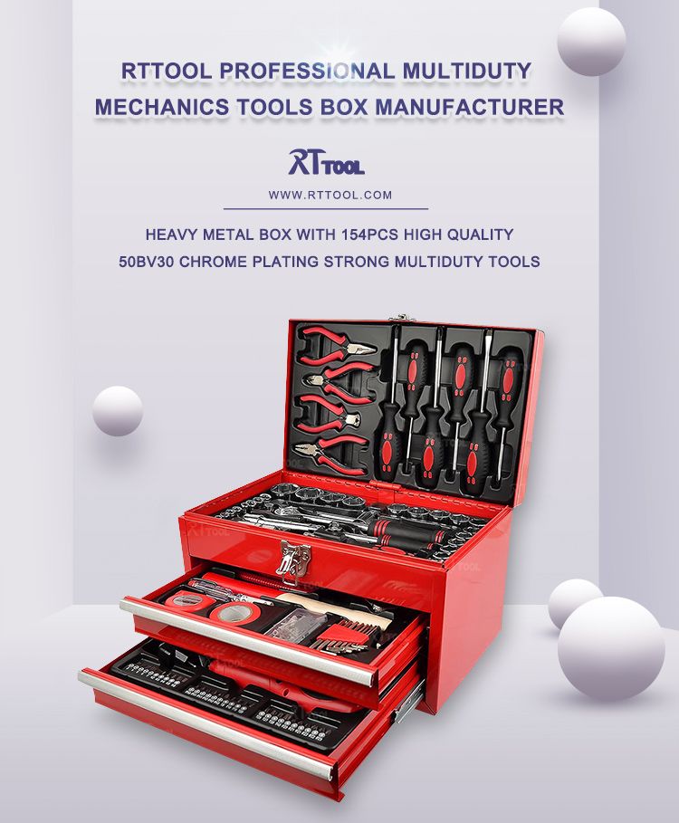 RT tool new custom design wholesale 154 pcs 2 Drawers Metal Case tools kit in iron box